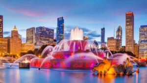 panorama of Chicago skyline with skyscrapers and Buckingham Fountain