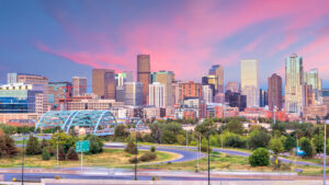 panorama of Denver skyline at twilight