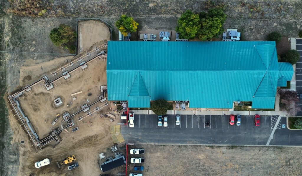 Drone photography of construction area for new Meadowlark Optics building addition. Image by Ron Stepanek.